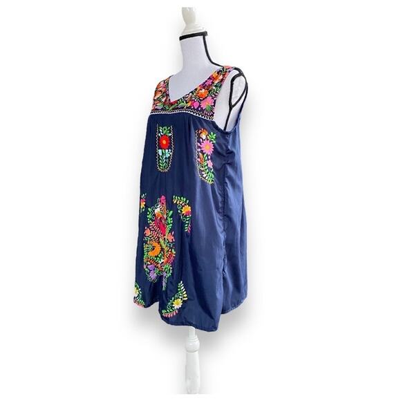 Erica Maree Hand Embroidered Mini Dress Fits Sz S Sleeveless Navy Blue Colorful - Picture 4 of 11